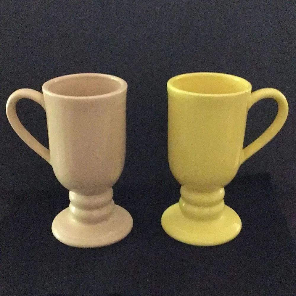 Mugs, vintage, Irish, coffee, mugs, one cream, one yellow Tiny chip shown on yel